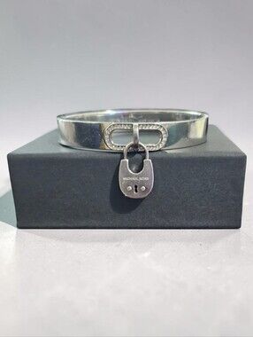 Michael Kors Silver Tone Pavé Crystal Padlock Hinged Bangle Bracelet MK Pre-Love